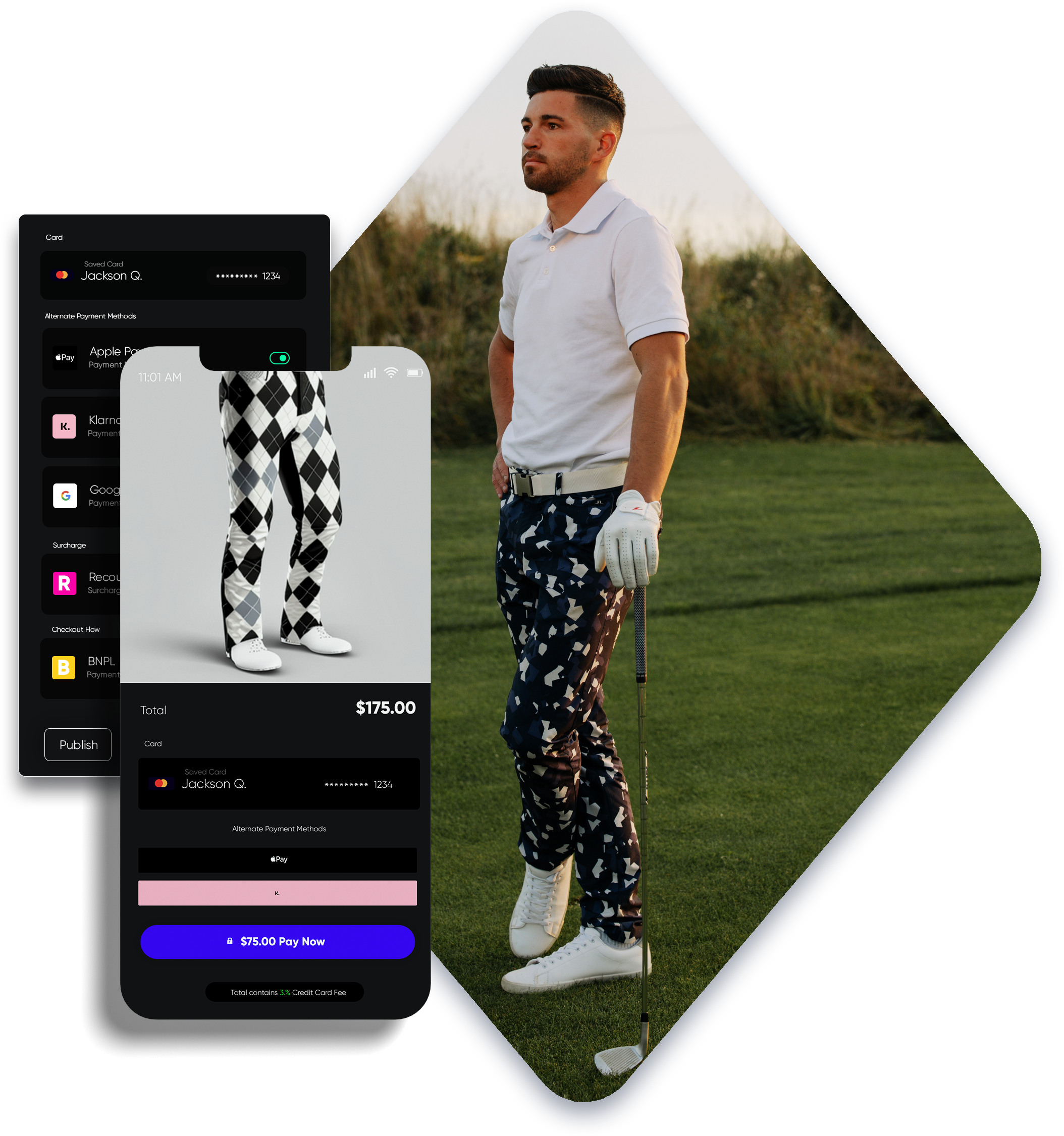 Image shows a young male golf professional with similar style pants to the pants shown in the checkout page.